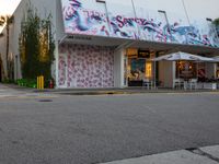 a skateboarder riding down a road past a store front with murals on the building