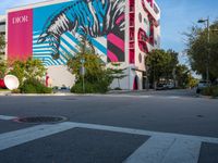 a zebra crossing the street in front of a colorful building on a sunny day in miami