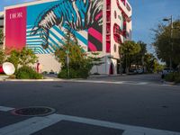 a zebra crossing the street in front of a colorful building on a sunny day in miami