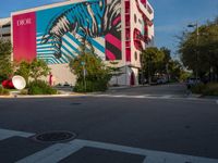 a zebra crossing the street in front of a colorful building on a sunny day in miami