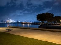 a bench overlooking the water with a big city skyline in the background at night time