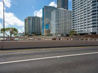 the city skyline is visible in this view from an overpassed bridge with lots of buildings