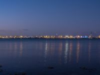 the skyline lights up in the blue night sky in this wide view of a harbor