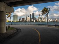 view of buildings, skyscrapers and palm trees near the water from under a street bridge