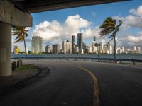 view of buildings, skyscrapers and palm trees near the water from under a street bridge