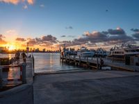 a sunrise over the ocean with many boats parked near by a dock and a city skyline in the distance