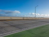 a green area next to a highway next to the ocean with an overpass and street lights on a sunny day