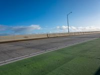 a green area next to a highway next to the ocean with an overpass and street lights on a sunny day