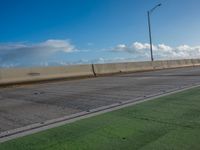 a green area next to a highway next to the ocean with an overpass and street lights on a sunny day