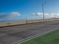 a green area next to a highway next to the ocean with an overpass and street lights on a sunny day