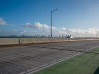 a green area next to a highway next to the ocean with an overpass and street lights on a sunny day