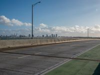 a green area next to a highway next to the ocean with an overpass and street lights on a sunny day