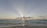 some waves that are in the sand next to the water on a beach at sunset