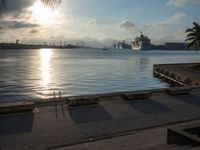 a ship in a body of water surrounded by palm trees and a harbor filled with boats