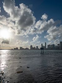 the sun shines brightly through fluffy clouds over the water and cityscape in the distance