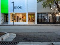 a retail store on a street corner next to a tree and a green sign that says dior