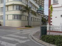 a city intersection with a street sign and a palm tree in the middle of the street