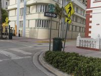 a city intersection with a street sign and a palm tree in the middle of the street