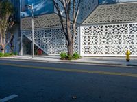 a tree near a fire hydrant and the side of a building with a pattern on the side