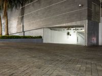 the man is riding his skateboard down the sidewalk beside a large building with palm trees behind him