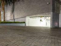 the man is riding his skateboard down the sidewalk beside a large building with palm trees behind him