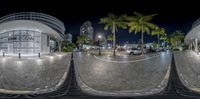 three different views of an area at night with palm trees and some buildings in the background