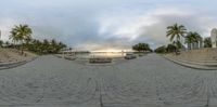 there is a round picture of the beach from several different angles on this picture, as well as trees