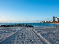 a beautiful beach with several footprints in the sand by the ocean and buildings behind the water