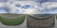 a series of panoramic shots from a bicycle trail over the street to sky