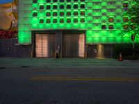 the green lights on the facade of the building glow off in front of the parking meter