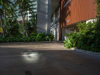 the entrance to an apartment with palms trees and bushes in the foreground, next to a concrete driveway