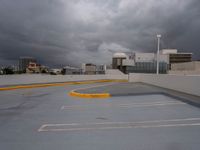 parking spaces on the rooftop of the building under a cloudy sky and clouds in the background