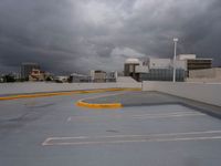 parking spaces on the rooftop of the building under a cloudy sky and clouds in the background