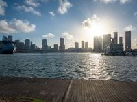 the view of a city in the sun with some palm trees next to the boardwalk