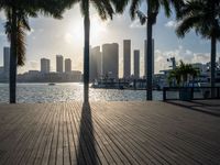 the view of a city in the sun with some palm trees next to the boardwalk