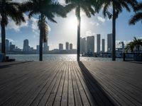 the view of a city in the sun with some palm trees next to the boardwalk