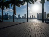 the view of a city in the sun with some palm trees next to the boardwalk