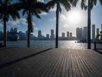 the view of a city in the sun with some palm trees next to the boardwalk