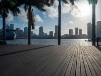 the view of a city in the sun with some palm trees next to the boardwalk