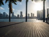 the view of a city in the sun with some palm trees next to the boardwalk