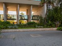 a skateboarder rides through a puddle in front of a tall building with palm trees