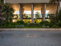 an empty paved area with concrete steps and plants surrounding it is very brightly lit from behind