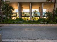 an empty paved area with concrete steps and plants surrounding it is very brightly lit from behind