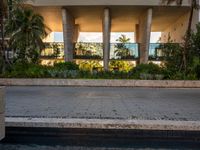 an empty paved area with concrete steps and plants surrounding it is very brightly lit from behind