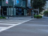 a crosswalk with trees and buildings in the background at night time in downtown los