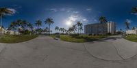 this is an image of a wide angle shot from the ground of a skate board park