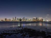 a very long beach on the waterfront with lights shining over the skyline of city in the background