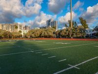 the green turf on a soccer field in an urban setting with high rise buildings in the background