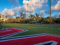 a field with red and blue colors next to trees in the city area of the capital