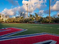 a field with red and blue colors next to trees in the city area of the capital